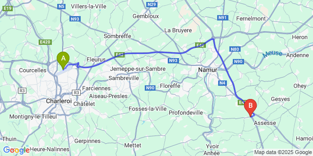 Map: Charleroi Airport Brussels South (CRL) to Courri?re