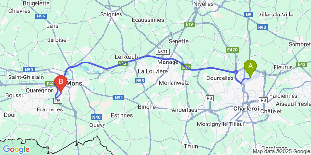 Map: Charleroi Airport Brussels South (CRL) to Cuesmes