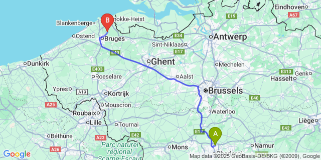 Map: Charleroi Airport Brussels South (CRL) to Damme