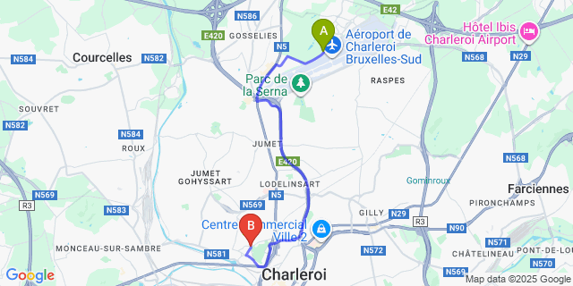 Map: Charleroi Airport Brussels South (CRL) to Dampremy