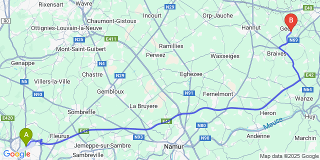 Map: Charleroi Airport Brussels South (CRL) to Darion