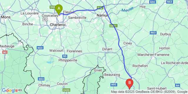 Map: Charleroi Airport Brussels South (CRL) to Daverdisse