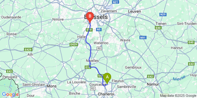 Map: Charleroi Airport Brussels South (CRL) to DC Hotel Restaurant Drogenbos, Brussels