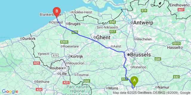 Map: Charleroi Airport Brussels South (CRL) to De Haan