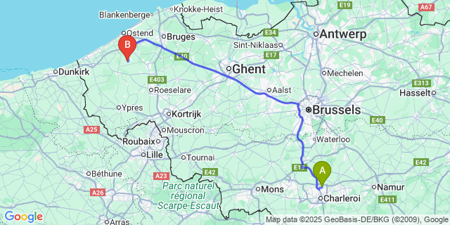 Map: Charleroi Airport Brussels South (CRL) to De Mokker