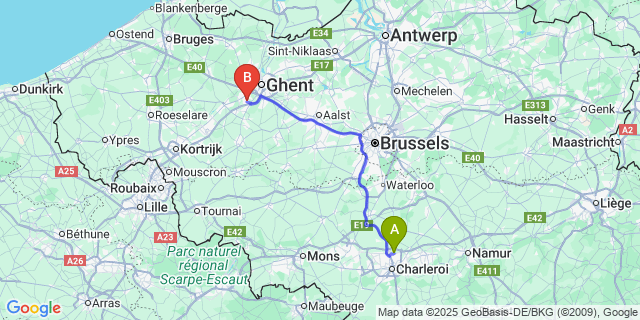 Map: Charleroi Airport Brussels South (CRL) to De Pinte