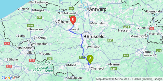 Map: Charleroi Airport Brussels South (CRL) to Denderbelle