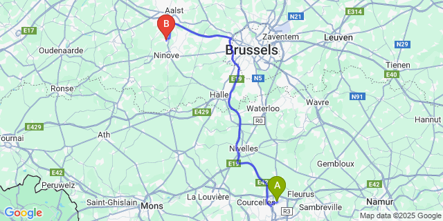 Map: Charleroi Airport Brussels South (CRL) to Denderhoutem