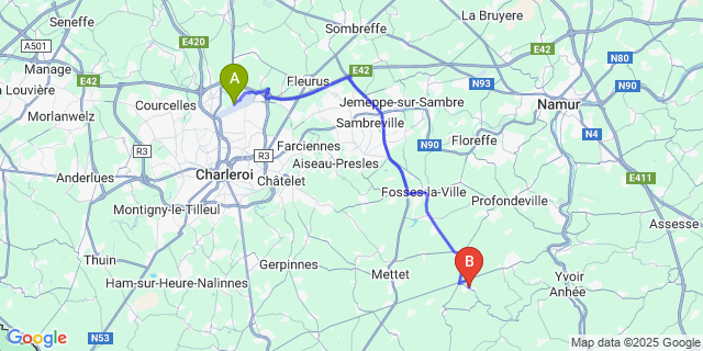 Map: Charleroi Airport Brussels South (CRL) to Denée