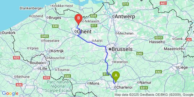 Map: Charleroi Airport Brussels South (CRL) to Desteldonk