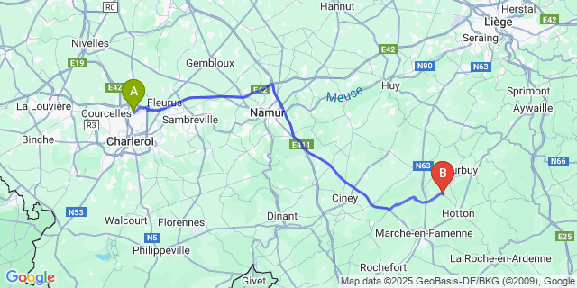 Map: Charleroi Airport Brussels South (CRL) to Deulin