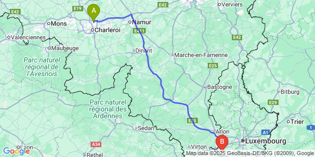 Map: Charleroi Airport Brussels South (CRL) to Differdange