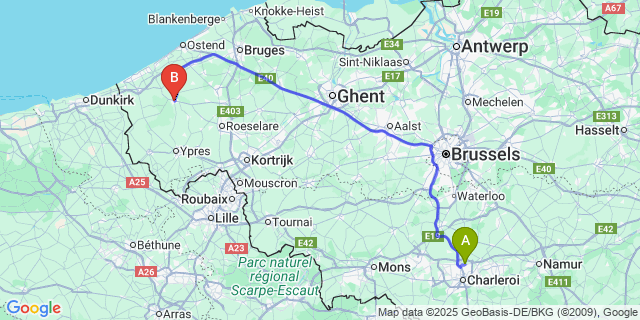 Map: Charleroi Airport Brussels South (CRL) to Diksmuide