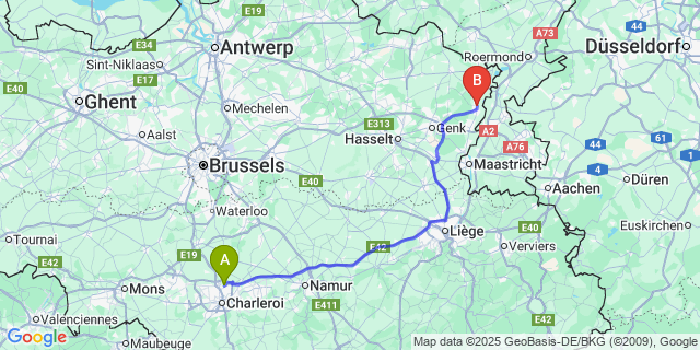 Map: Charleroi Airport Brussels South (CRL) to Dilsen-Stokkem