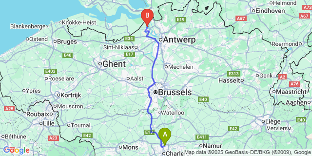 Map: Charleroi Airport Brussels South (CRL) to Doel
