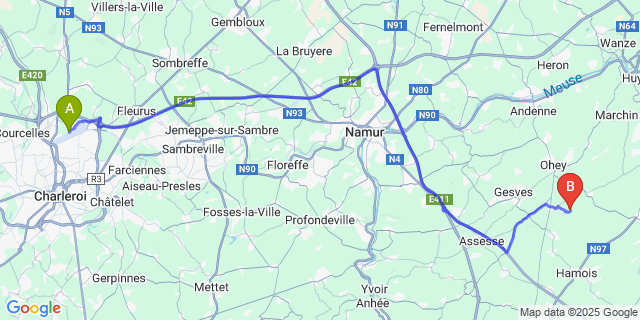Map: Charleroi Airport Brussels South (CRL) to Doyon