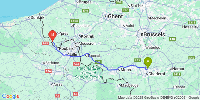 Map: Charleroi Airport Brussels South (CRL) to Dranouter