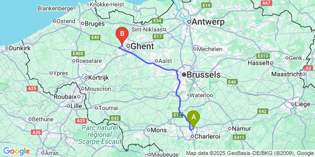 Map: Charleroi Airport Brussels South (CRL) to Drongen