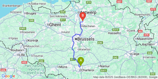 Map: Charleroi Airport Brussels South (CRL) to Duffel
