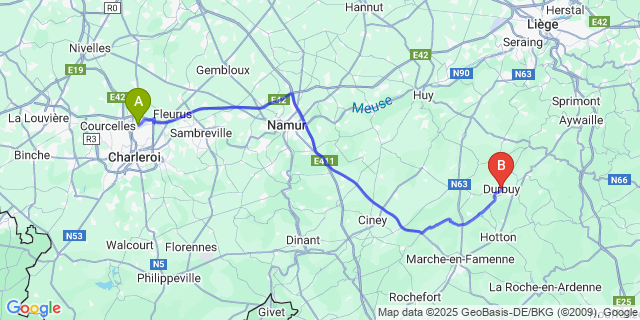 Map: Charleroi Airport Brussels South (CRL) to Durbuy