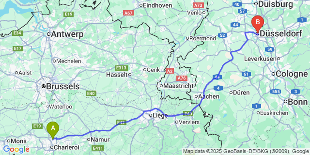 Map: Charleroi Airport Brussels South (CRL) to Düsseldorf city (all areas)