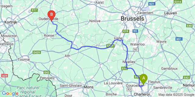 Map: Charleroi Airport Brussels South (CRL) to Edelare