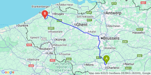 Map: Charleroi Airport Brussels South (CRL) to Eernegem