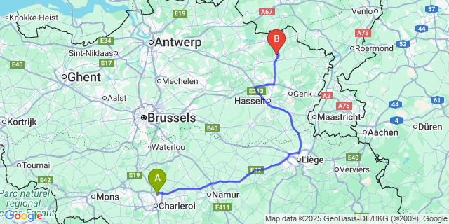 Map: Charleroi Airport Brussels South (CRL) to Eksel