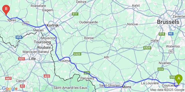 Map: Charleroi Airport Brussels South (CRL) to Elverdinge
