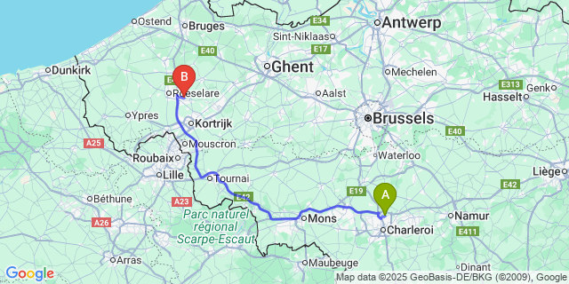 Map: Charleroi Airport Brussels South (CRL) to Emelgem