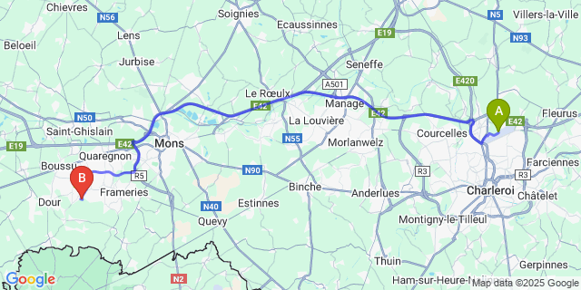 Map: Charleroi Airport Brussels South (CRL) to Eugies (Colfontaine)