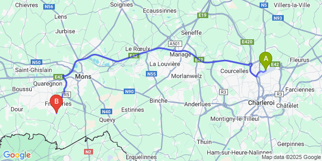 Map: Charleroi Airport Brussels South (CRL) to Eugies (Frameries)
