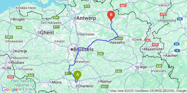 Map: Charleroi Airport Brussels South (CRL) to Ezaart