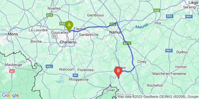 Map: Charleroi Airport Brussels South (CRL) to Falmignoul