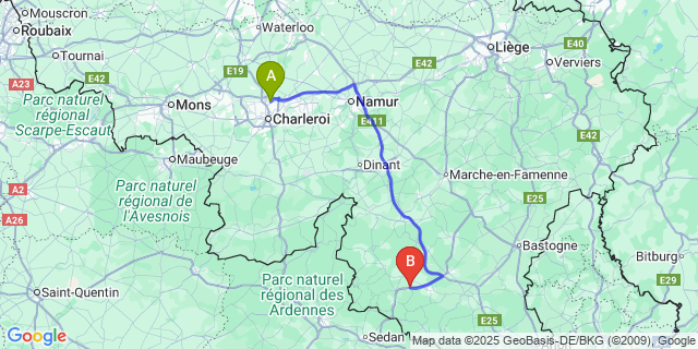 Map: Charleroi Airport Brussels South (CRL) to Fays-Les-Veneurs