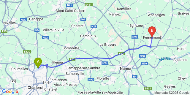 Map: Charleroi Airport Brussels South (CRL) to Fernelmont