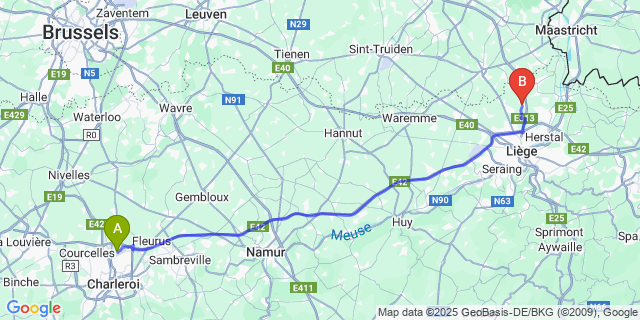 Map: Charleroi Airport Brussels South (CRL) to Fexhe-Slins