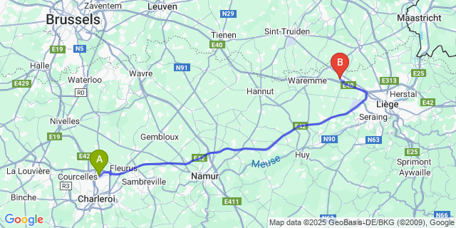 Map: Charleroi Airport Brussels South (CRL) to Fize-Le-Marsal