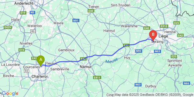 Map: Charleroi Airport Brussels South (CRL) to Flémalle-Grande