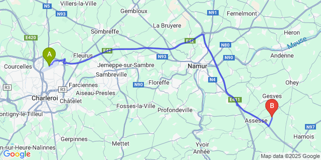 Map: Charleroi Airport Brussels South (CRL) to Florée