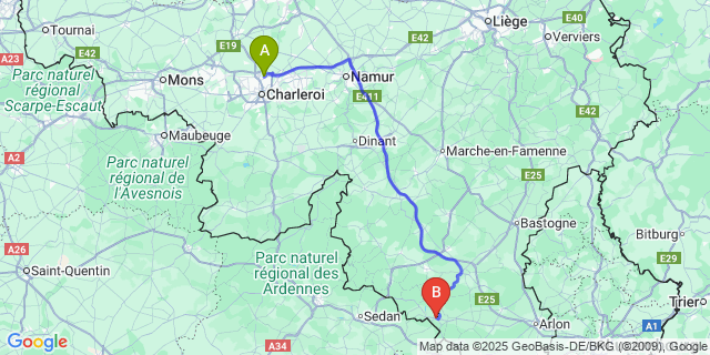 Map: Charleroi Airport Brussels South (CRL) to Florenville