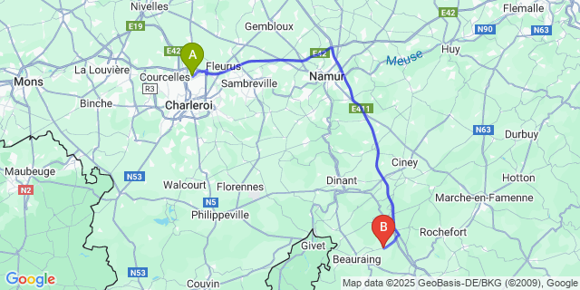 Map: Charleroi Airport Brussels South (CRL) to Focant