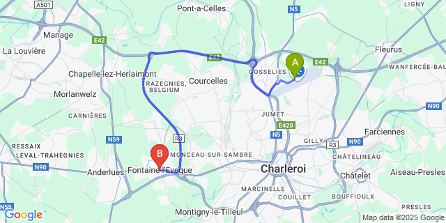 Map: Charleroi Airport Brussels South (CRL) to 