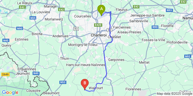 Map: Charleroi Airport Brussels South (CRL) to Fontenelle