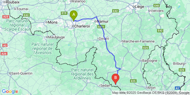 Map: Charleroi Airport Brussels South (CRL) to Fontenoille
