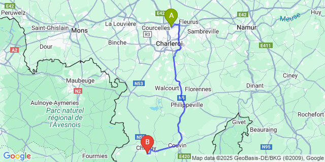 Map: Charleroi Airport Brussels South (CRL) to Forges