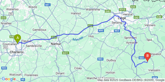 Map: Charleroi Airport Brussels South (CRL) to Fosse (Li?ge)