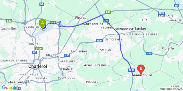 Map: Charleroi Airport Brussels South (CRL) to Fosses-la-Ville