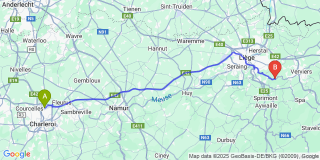 Map: Charleroi Airport Brussels South (CRL) to Fraipont