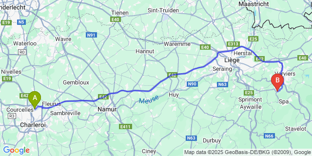 Map: Charleroi Airport Brussels South (CRL) to Franchimont